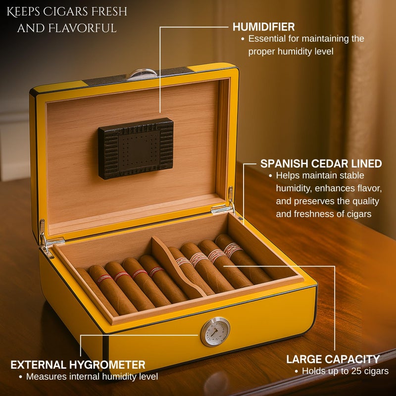 Bey-Berk Yellow Lacquered Cigar Humidor â€“ Holds 25 Cigars, Spanish Cedar Storage Box with Hygrometer, Chrome Accents - Image 3